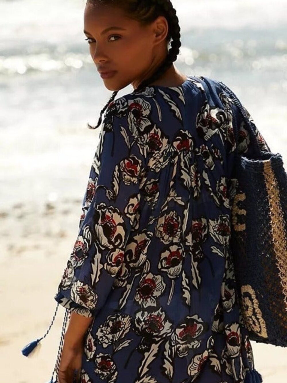 Ro'S Garden Blue Floral Midi Kaftan Boho Dress Tassels Size S